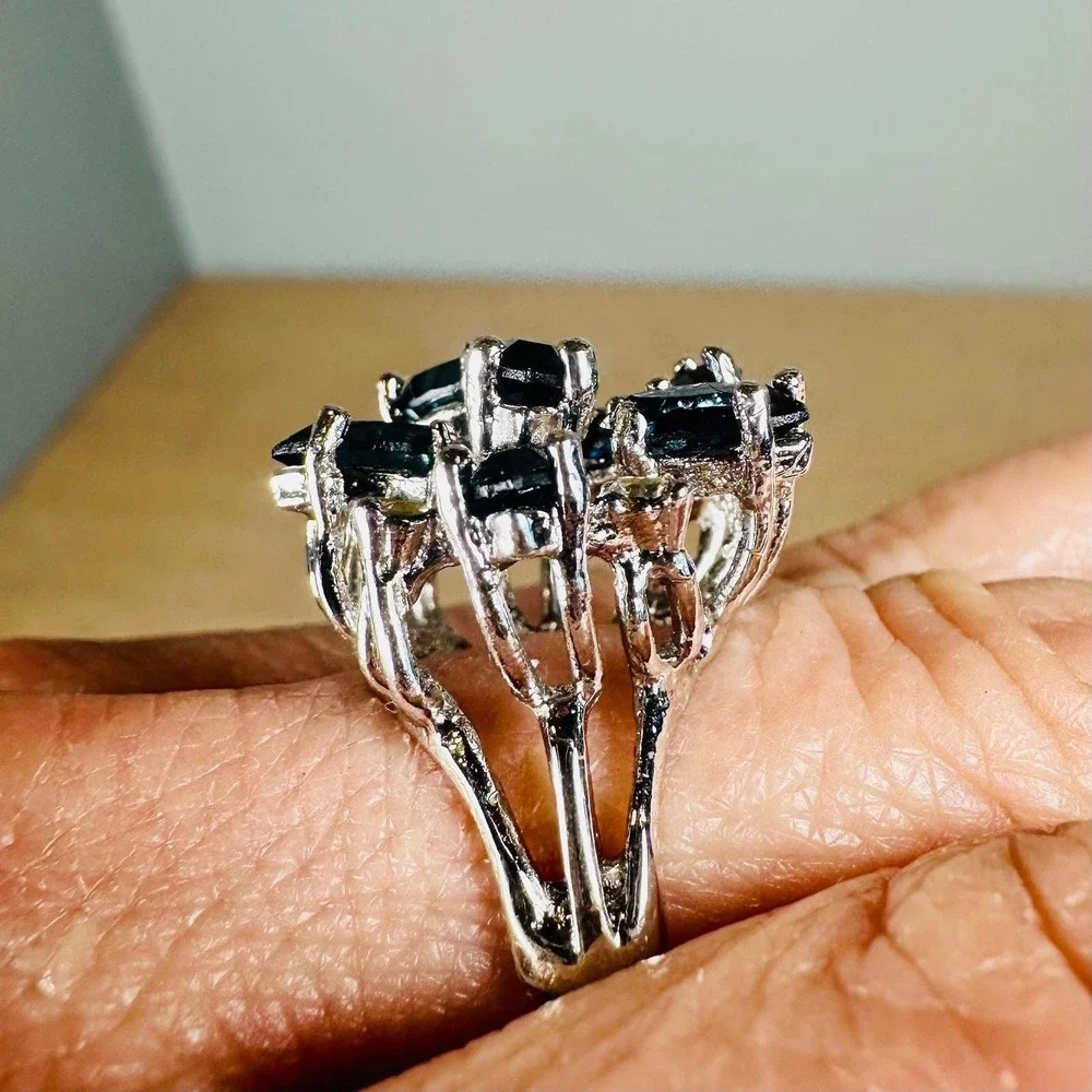 Blue Sapphire Look Cluster Ring Size 7 18K GE Rhinestone Cocktail Silver-Tone